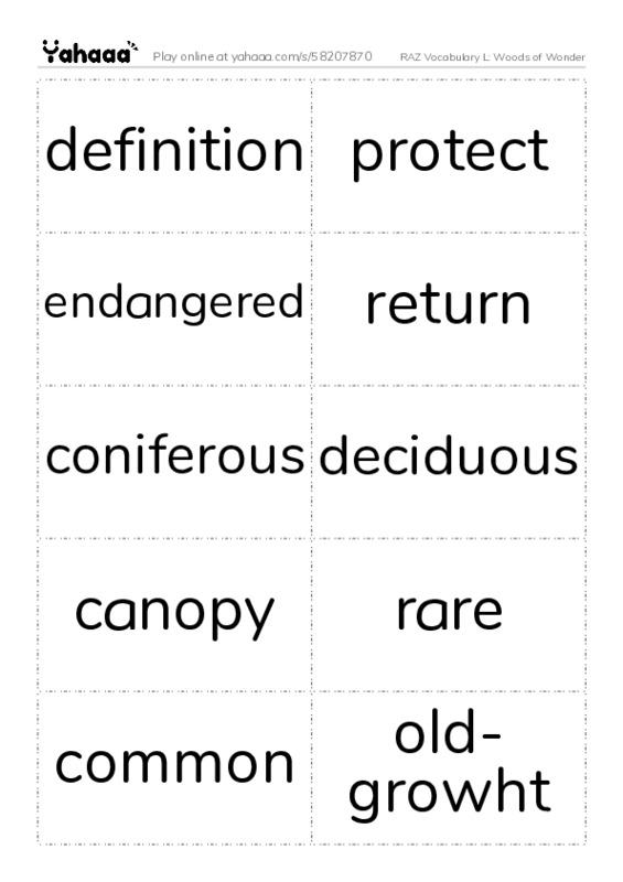 RAZ Vocabulary L: Woods of Wonder PDF two columns flashcards