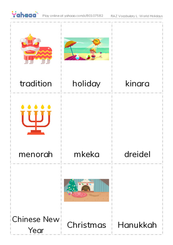 RAZ Vocabulary L: World Holidays PDF flaschards with images