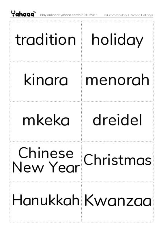 RAZ Vocabulary L: World Holidays PDF two columns flashcards