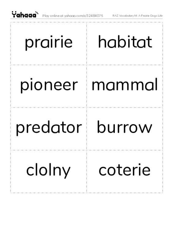 RAZ Vocabulary M: A Prairie Dogs Life PDF two columns flashcards