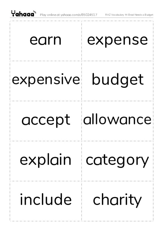 RAZ Vocabulary M: Brad Needs a Budget PDF two columns flashcards