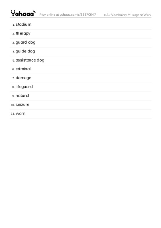 RAZ Vocabulary M: Dogs at Work PDF words glossary