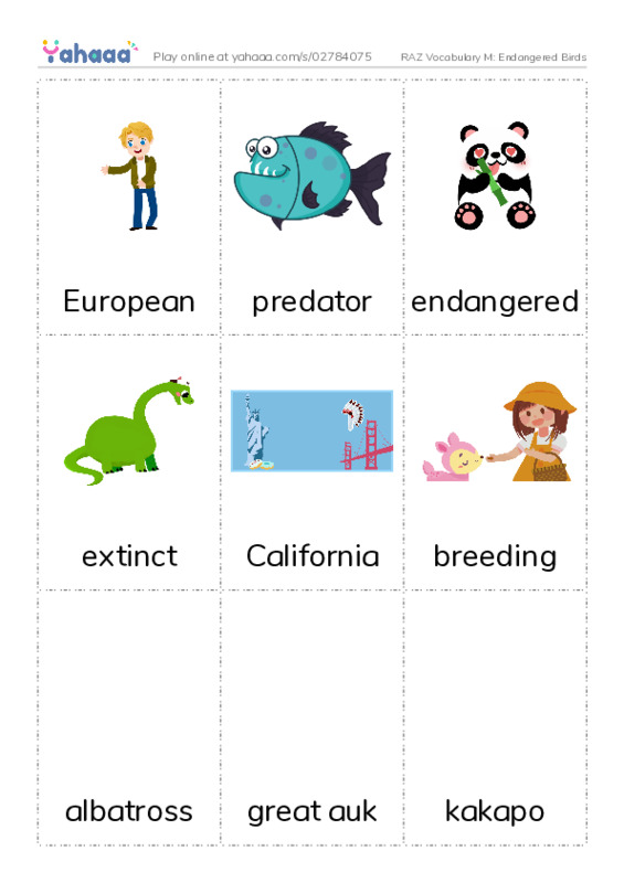 RAZ Vocabulary M: Endangered Birds PDF flaschards with images