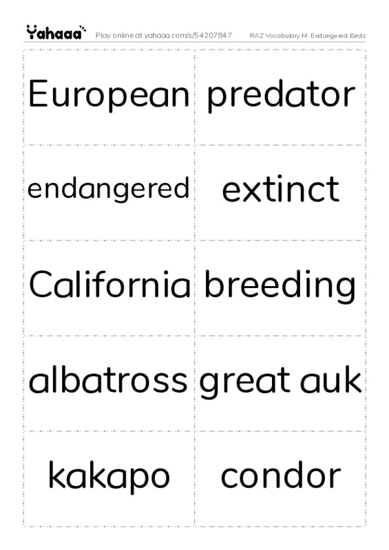 RAZ Vocabulary M: Endangered Birds PDF two columns flashcards