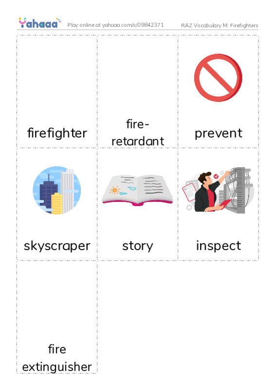 RAZ Vocabulary M: Firefighters PDF flaschards with images