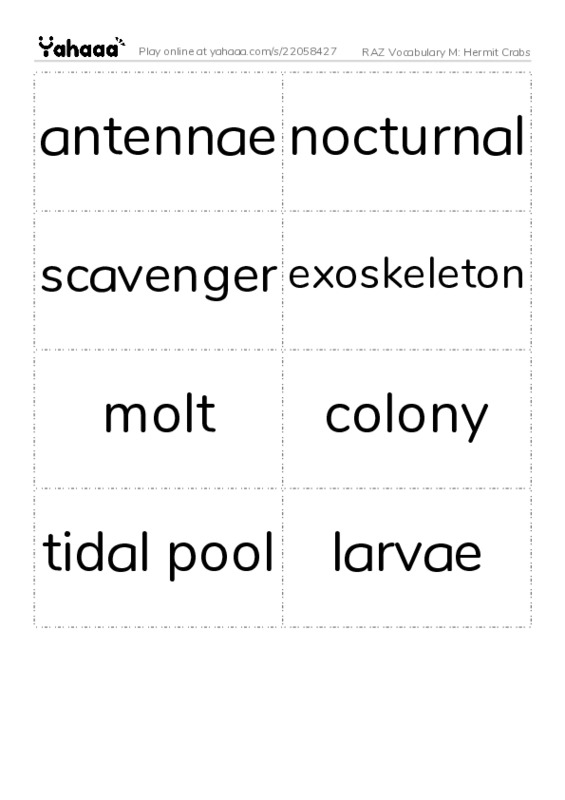 RAZ Vocabulary M: Hermit Crabs PDF two columns flashcards