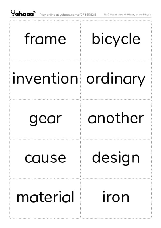 RAZ Vocabulary M: History of the Bicycle PDF two columns flashcards