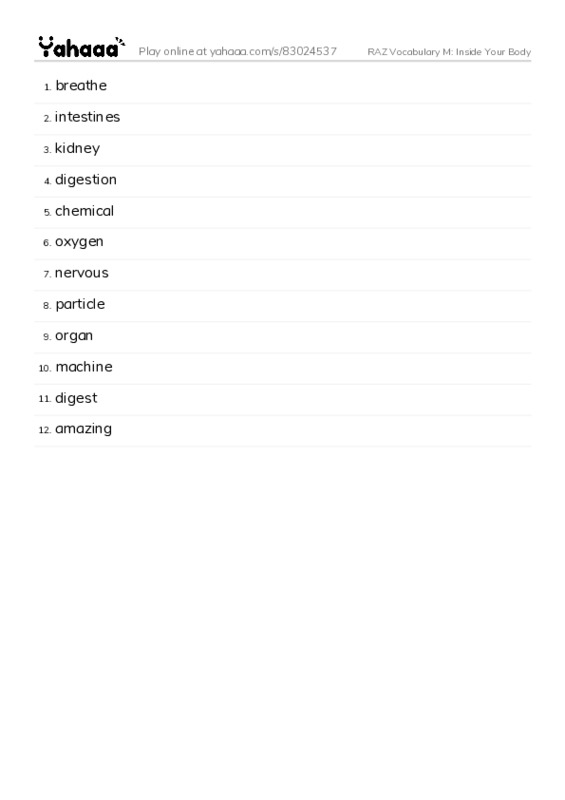 RAZ Vocabulary M: Inside Your Body PDF words glossary