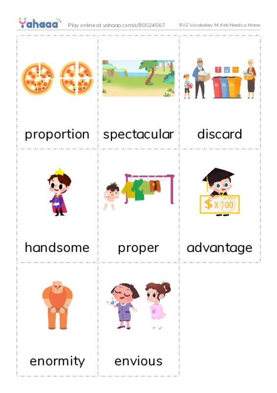 RAZ Vocabulary M: Keb Needs a Home PDF flaschards with images