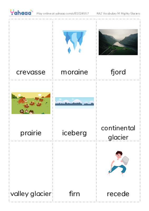 RAZ Vocabulary M: Mighty Glaciers PDF flaschards with images