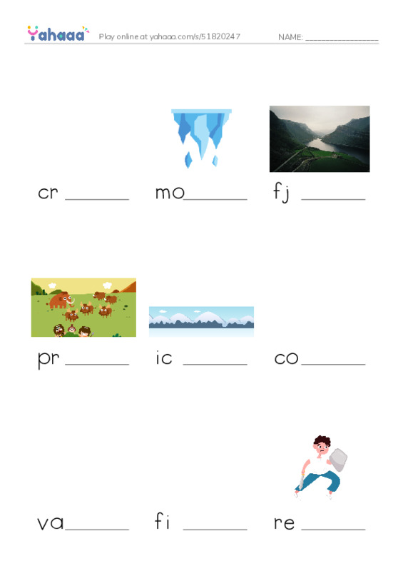 RAZ Vocabulary M: Mighty Glaciers PDF worksheet to fill in words gaps