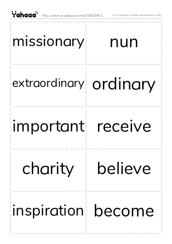 RAZ Vocabulary M: Mother Teresa Mother to Many PDF two columns flashcards