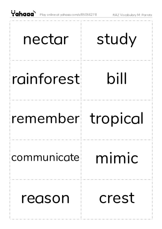RAZ Vocabulary M: Parrots PDF two columns flashcards