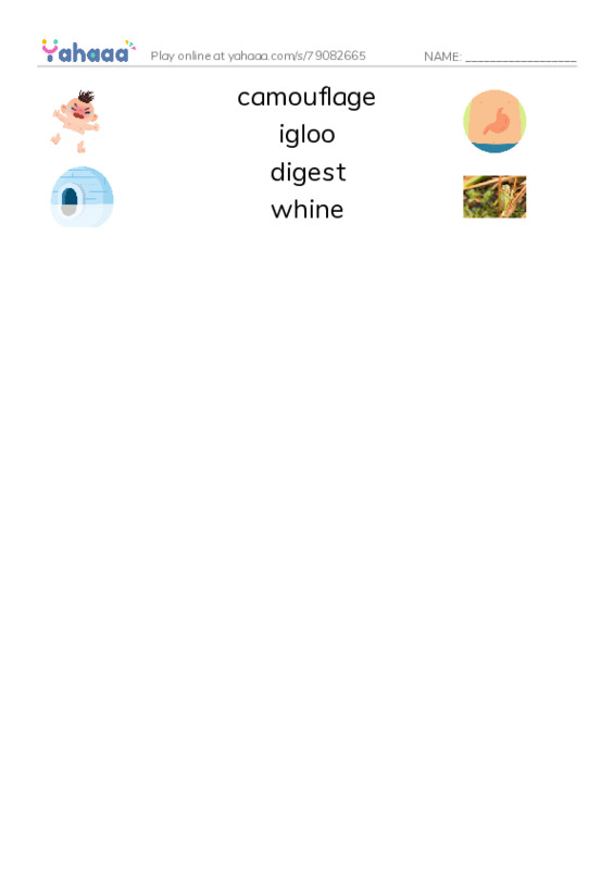 RAZ Vocabulary M: Snow Camping PDF three columns match words