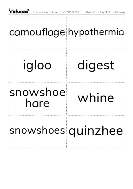 RAZ Vocabulary M: Snow Camping PDF two columns flashcards