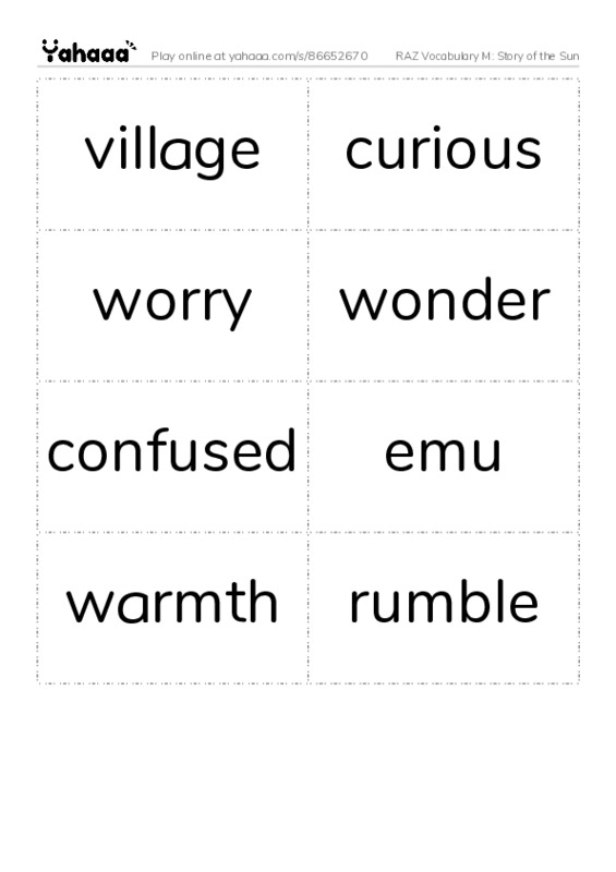 RAZ Vocabulary M: Story of the Sun PDF two columns flashcards