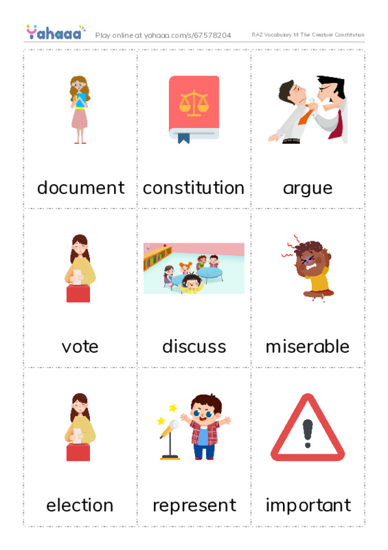 RAZ Vocabulary M: The Creature Constitution PDF flaschards with images