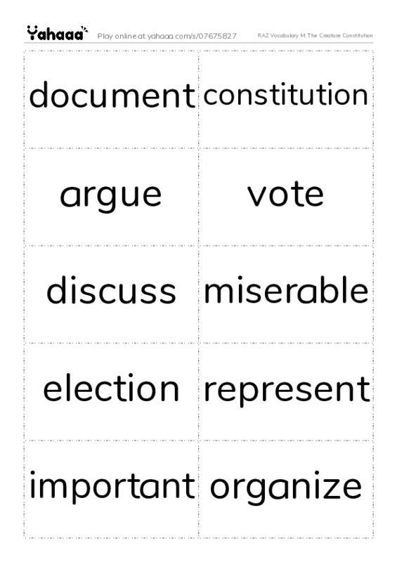 RAZ Vocabulary M: The Creature Constitution PDF two columns flashcards
