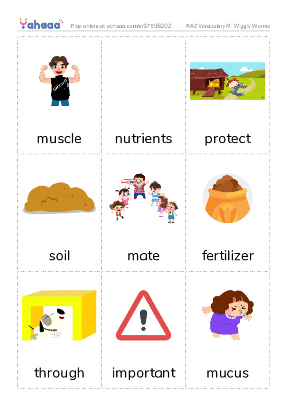 RAZ Vocabulary M: Wiggly Worms PDF flaschards with images