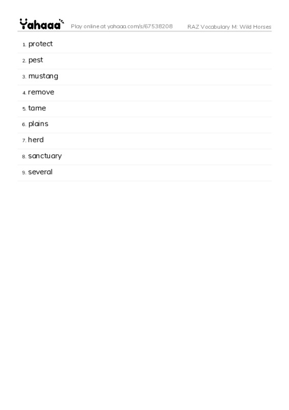 RAZ Vocabulary M: Wild Horses PDF words glossary
