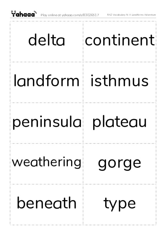 RAZ Vocabulary N: A Landforms Adventure PDF two columns flashcards