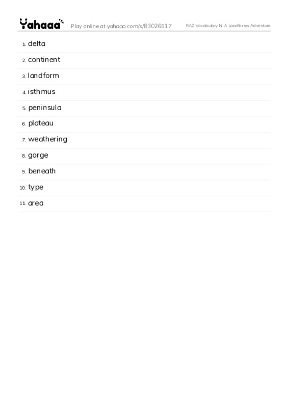 RAZ Vocabulary N: A Landforms Adventure PDF words glossary