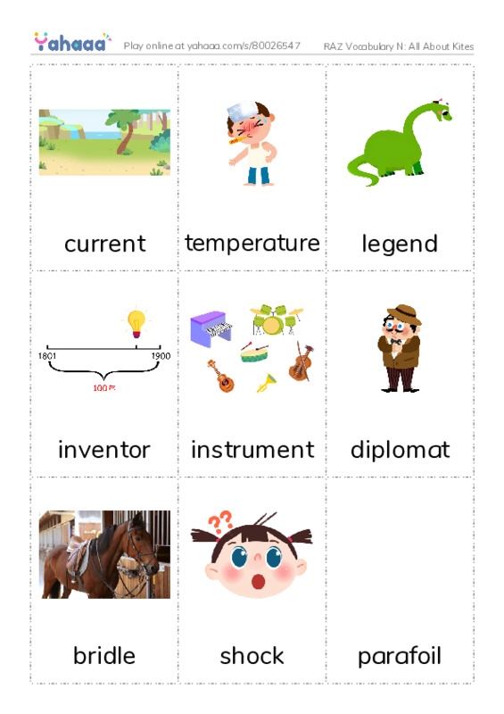 RAZ Vocabulary N: All About Kites PDF flaschards with images