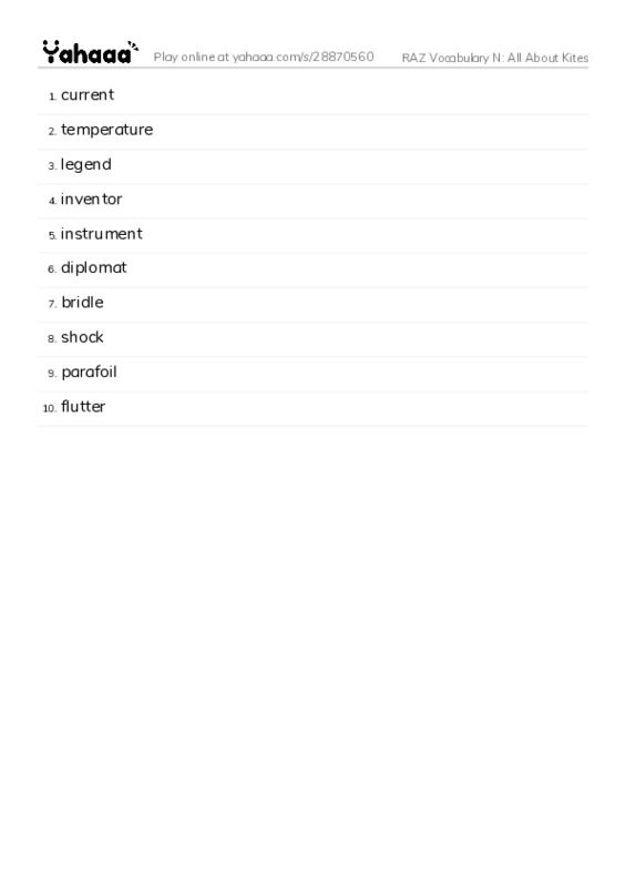 RAZ Vocabulary N: All About Kites PDF words glossary