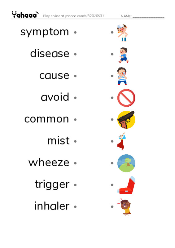 RAZ Vocabulary N: Asthma PDF link match words worksheet