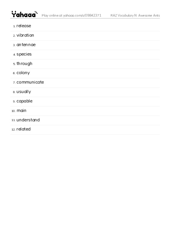 RAZ Vocabulary N: Awesome Ants PDF words glossary