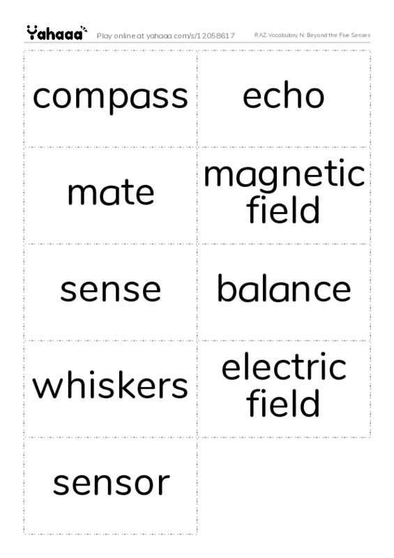 RAZ Vocabulary N: Beyond the Five Senses PDF two columns flashcards