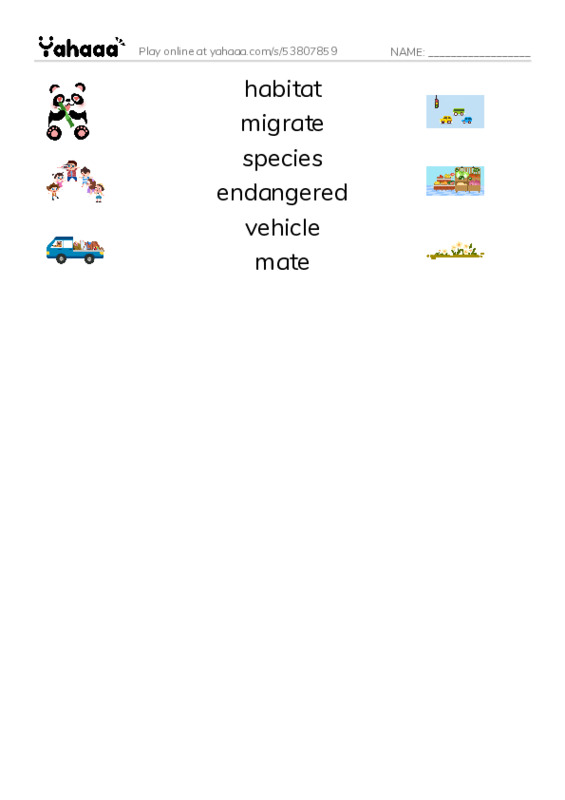 RAZ Vocabulary N: Critter Crossings PDF three columns match words