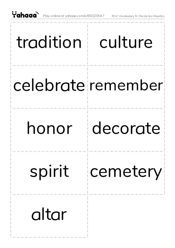 RAZ Vocabulary N: Dia de los Muertos PDF two columns flashcards