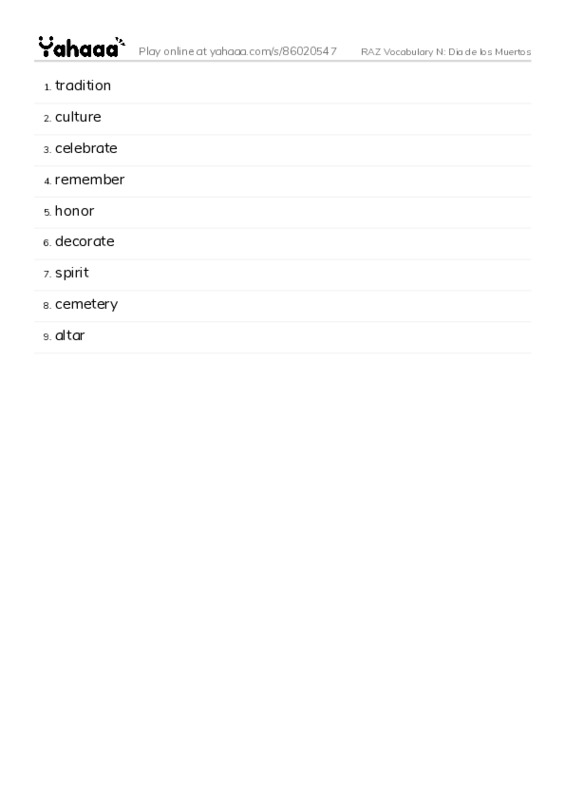 RAZ Vocabulary N: Dia de los Muertos PDF words glossary