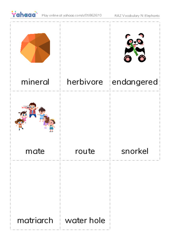 RAZ Vocabulary N: Elephants PDF flaschards with images