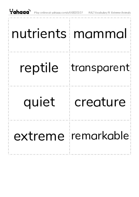 RAZ Vocabulary N: Extreme Animals PDF two columns flashcards