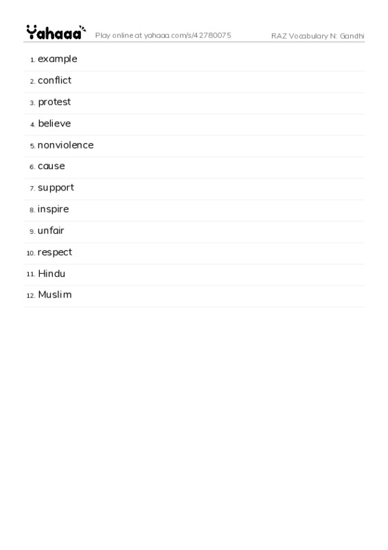 RAZ Vocabulary N: Gandhi PDF words glossary