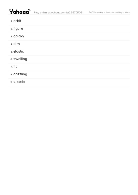 RAZ Vocabulary N: Luna Has Nothing to Wear PDF words glossary