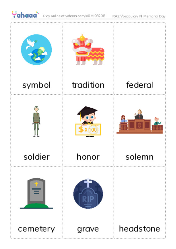 RAZ Vocabulary N: Memorial Day PDF flaschards with images
