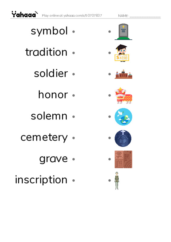 RAZ Vocabulary N: Memorial Day PDF link match words worksheet