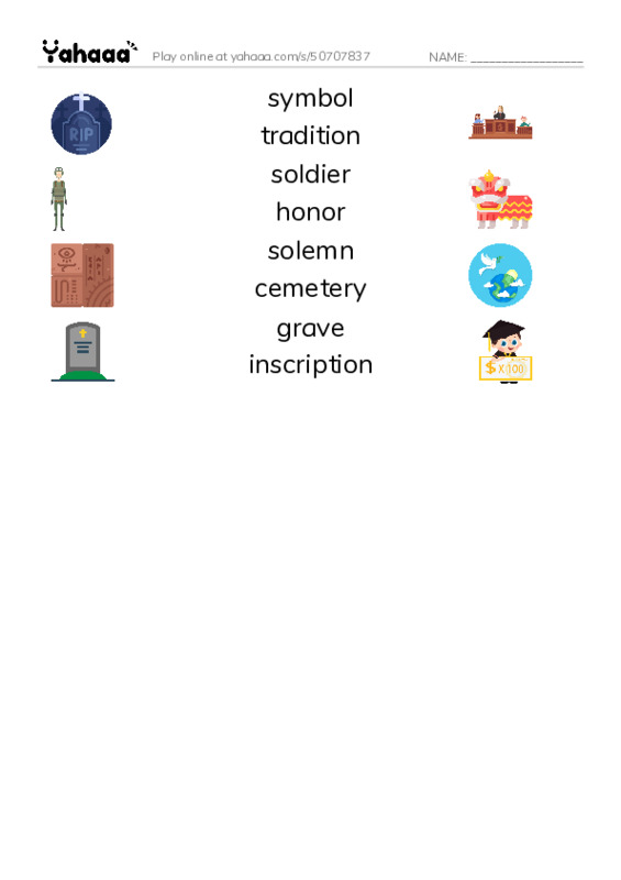 RAZ Vocabulary N: Memorial Day PDF three columns match words