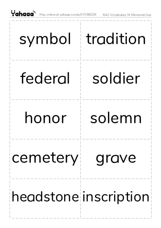 RAZ Vocabulary N: Memorial Day PDF two columns flashcards
