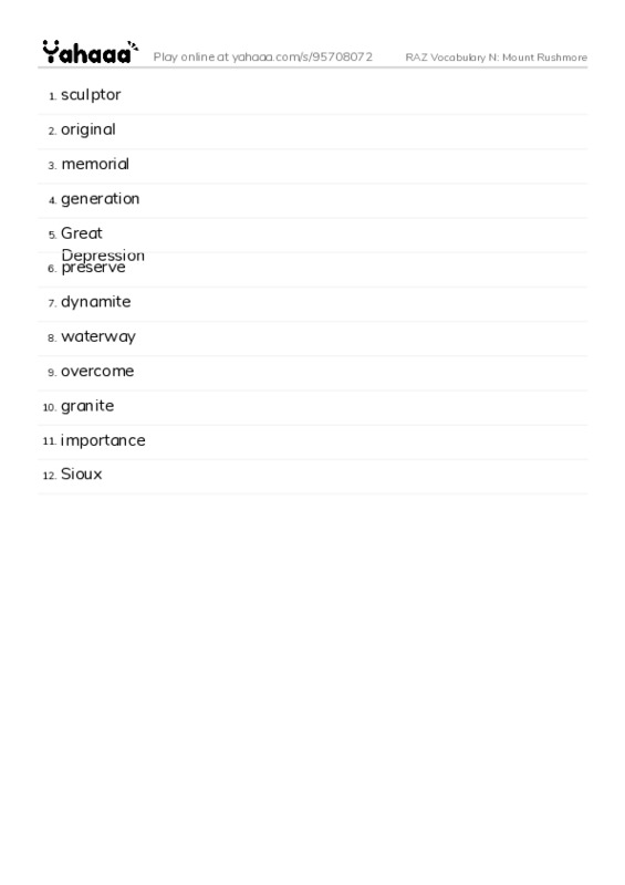 RAZ Vocabulary N: Mount Rushmore PDF words glossary