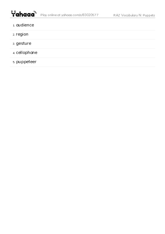 RAZ Vocabulary N: Puppets PDF words glossary