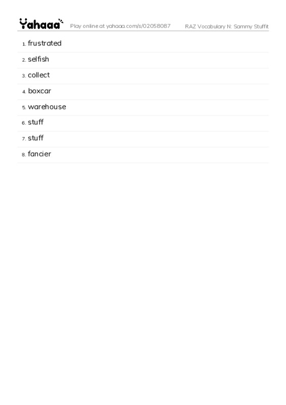 RAZ Vocabulary N: Sammy Stuffit PDF words glossary