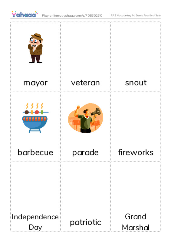 RAZ Vocabulary N: Sams Fourth of July PDF flaschards with images