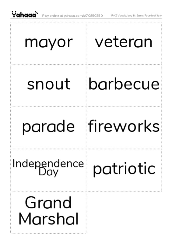 RAZ Vocabulary N: Sams Fourth of July PDF two columns flashcards