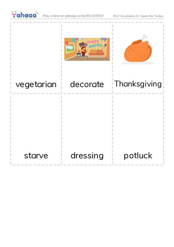 RAZ Vocabulary N: Spare the Turkey PDF flaschards with images