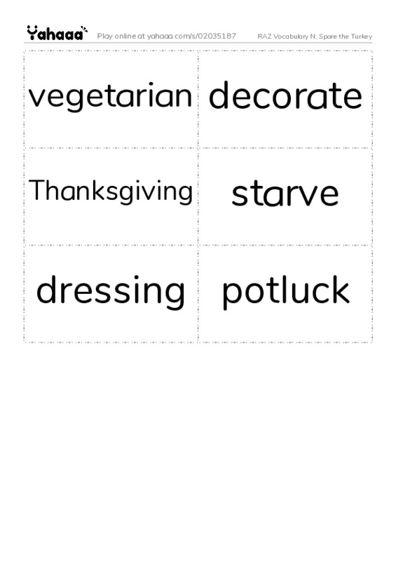 RAZ Vocabulary N: Spare the Turkey PDF two columns flashcards