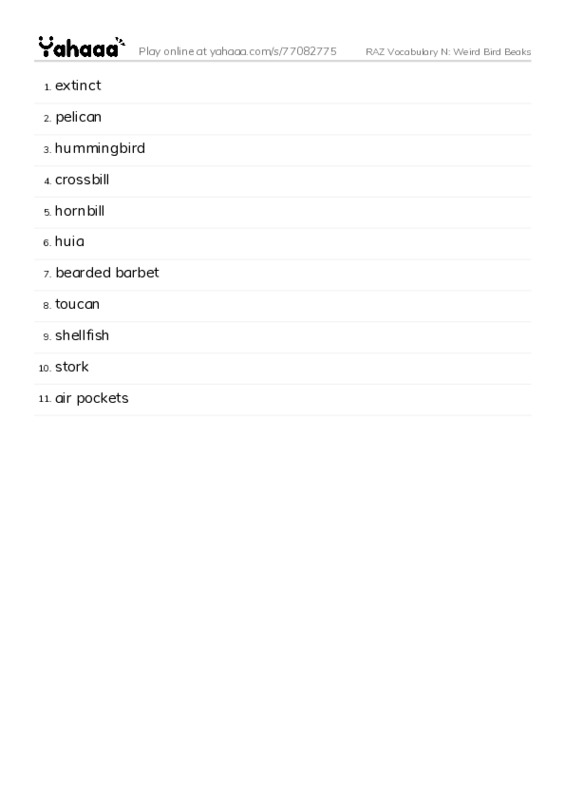 RAZ Vocabulary N: Weird Bird Beaks PDF words glossary